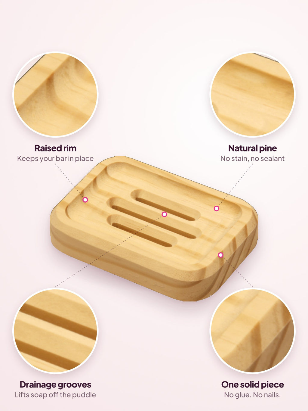SoapCouch rectangle details: raised rim, drainage grooves, solid pine